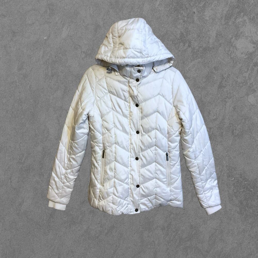St‎ John’s Bay Petite Small PS Off White Quilted Puffer Jacket Hooded Zip Coat